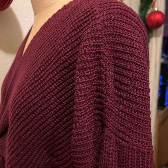 Burgandy Ribbed Long Sleeve V-neck Twist Knot Tunic Mini Sweater Dress Size S - Picture 6 of 9